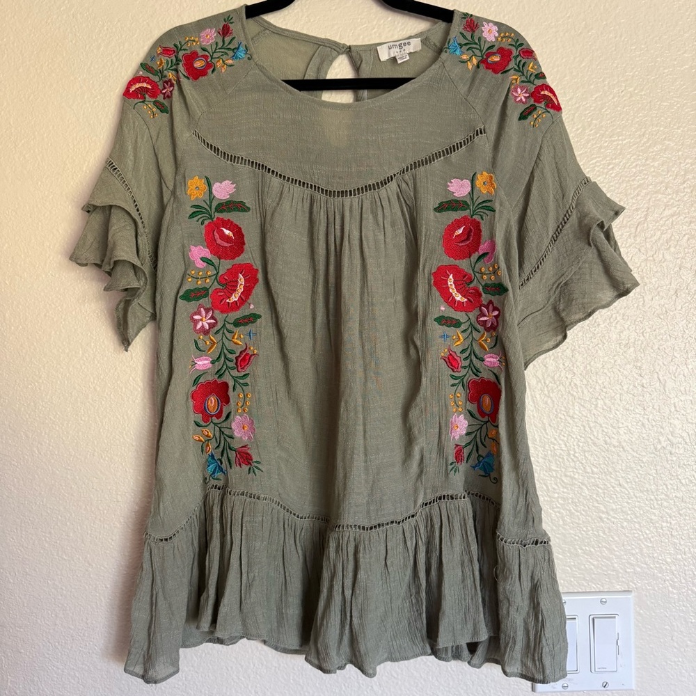 Umgee Olive Embroidered Ruffle Sleeve Tunic with Red Floral Accents